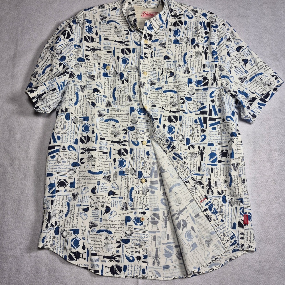 Coleman BBQ Grilling Print Camp Shirt Men's L White Blue SS Button Down